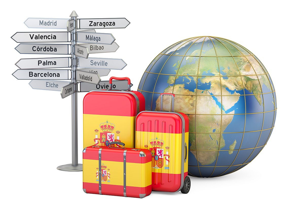 Bild einer Weltkugel und spanischfarbenen Koffern
