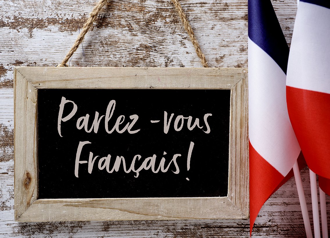 Ein Bild mit einer Tafel und französischer Flagge