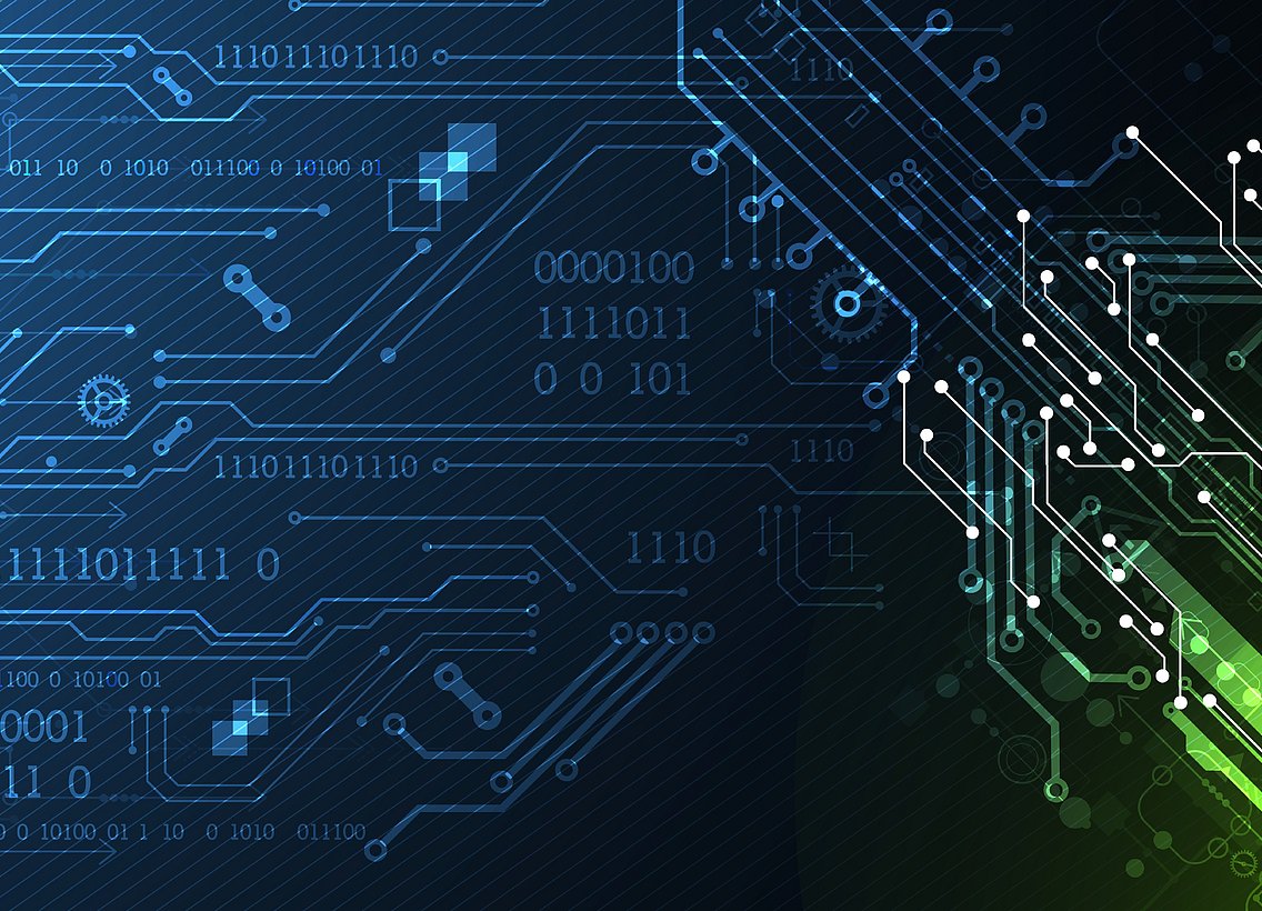 Binäres System mit 1 und 0 auf blau grünem Hintergrund